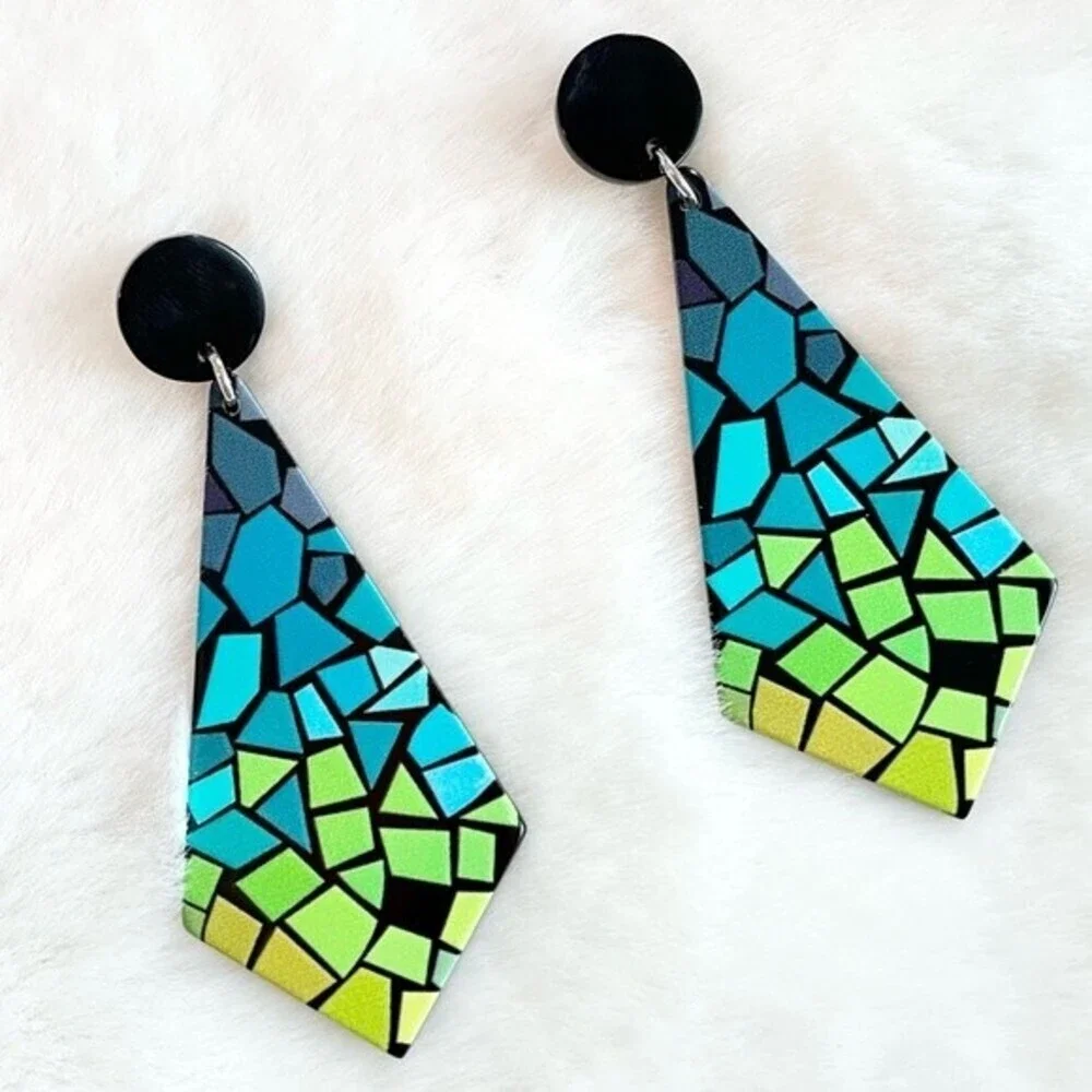 Colorful Mosaic Gradient Ombré Acrylic Resin Drop Dangle Earrings NWT - Picture 1 of 4